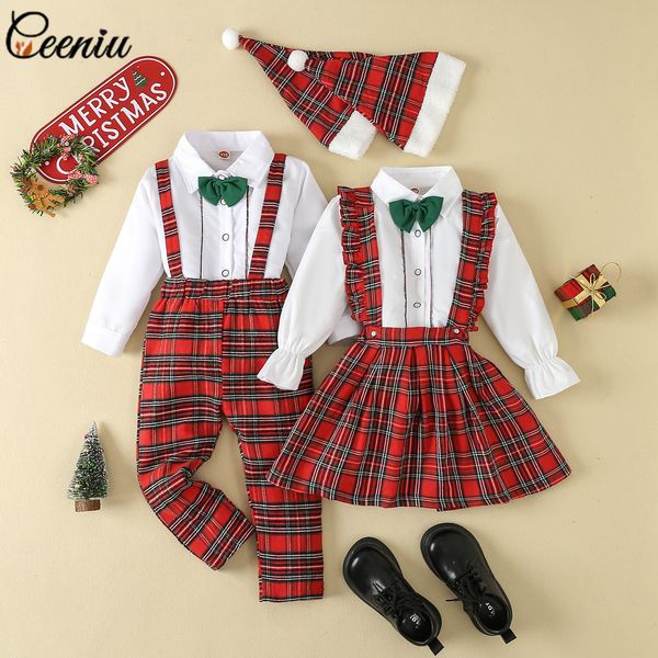 Conjuntos de ropa Ceeniu 2-6Y Traje navideño para niños para niños Niñas Camisas con corbata blanca y pantalones / faldas a cuadros Trajes a juego para hermanas y hermanos 230912