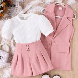 Ensembles de vêtements Ceeniu 4-7Y enfants Blazer fille revers manteau bouffant haut bouton Shorts 3 pièces enfants costume d'été pour les filles