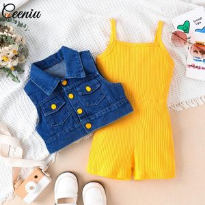 Ensembles de vêtements ceeniu 4-7y enfants jeans vêtements veste en jean collier de remin-down et combinaison jaune