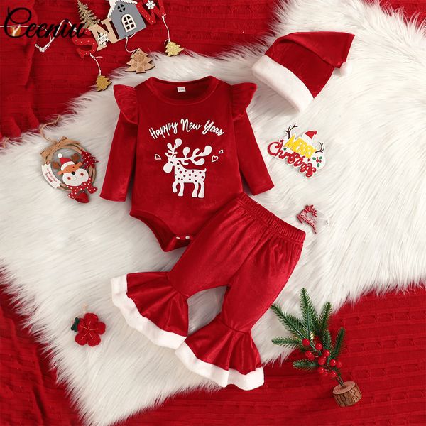 Ensembles de vêtements Costume Céeniu Happy Year For Baby Girl Christmas Tenues Rouge Velvet Ranger et Pantsxmas Hat Mes premiers vêtements 230923