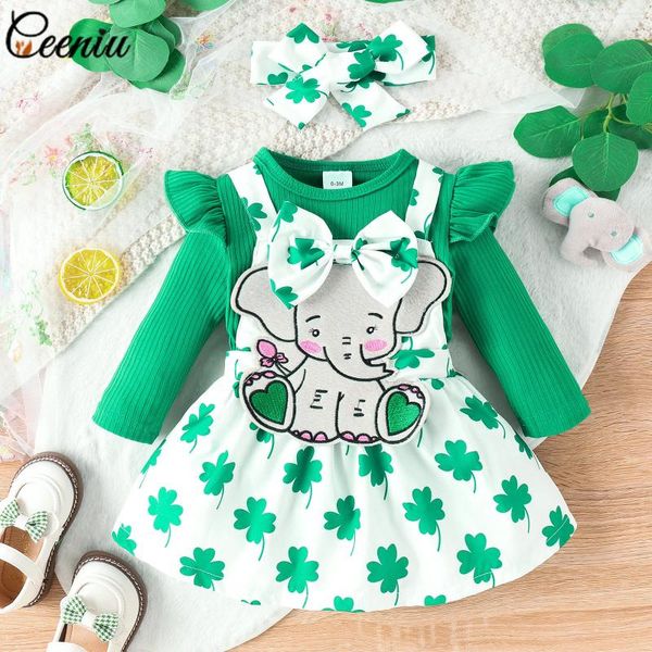 Conjuntos de ropa Ceeniu mi primer traje de bebé St. Patrick Baby Girls Girls Green Starmper Sospecher Four Leaf Clover Elephant Vestido para bebés