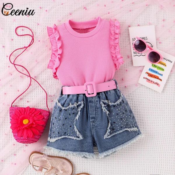 Ensembles de vêtements ceeniu costume de jean tendance pour les enfants sans manches vols rose t-shirts ceinturés jeans étoiles 3pcs d'été enfants vêtements filles