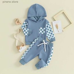 Kledingsets Dambord Babyjongenskleding voor kinderen Outfits met lange mouwen Geruite print met lange mouwen en capuchonbroek voor peuter-babykleding