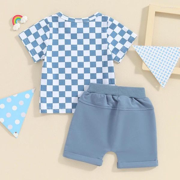 Ensembles de vêtements à carreaux pour bébé, vêtements à manches courtes, col ras du cou, t-shirt à carreaux, ensemble 2 pièces, tenue de course pour tout-petit garçon et fille