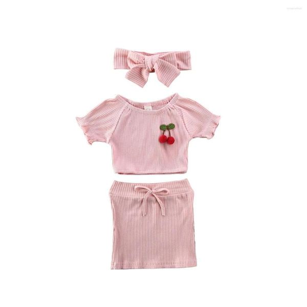Ensembles de vêtements cerise été mode enfant en bas âge bébé filles rose côtelé T-shirt Shorts tenues bandeau Grils ensemble de vêtements