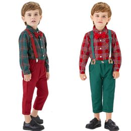 Conjuntos de ropa Ropa para el día de Navidad para niños Niños pequeños Niños Traje de caballero Bowtie Lattice Shirt Tirantes Pantalones Little 2PCS Trajes 230926