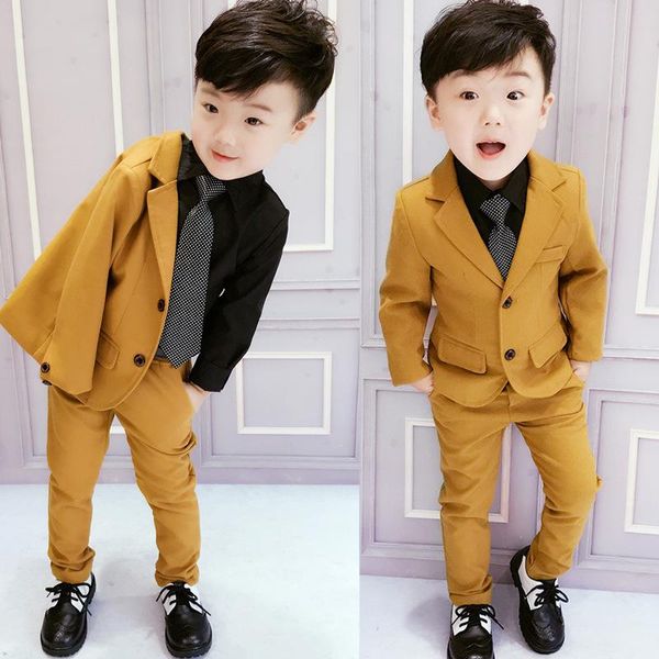 Conjuntos de ropa Trajes para niños Blazer Pantalón Camisa Bowtie 4 piezas Disfraz para niños Venta al por menor Un conjunto Ropa para niños delgados Vestido de flores de boda naranja