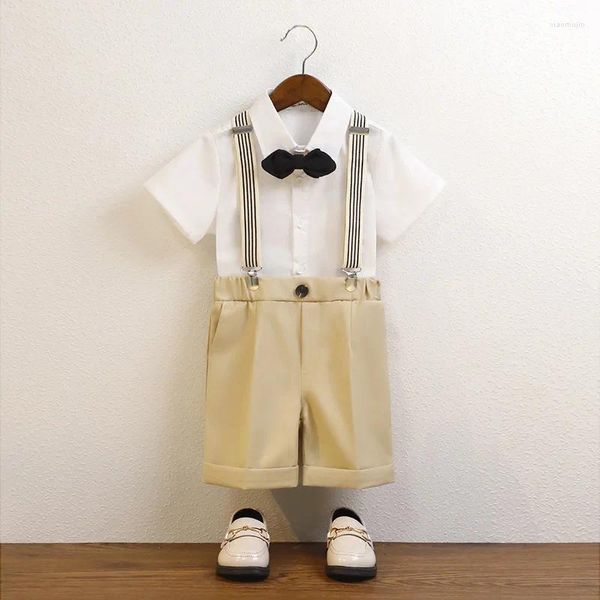 Conjuntos de ropa Niño Verano Monos de manga corta Conjunto Niños Kindergarten Rendimiento Cumpleaños Anfitrión Traje Niños Camisas Pantalones cortos Bowtie