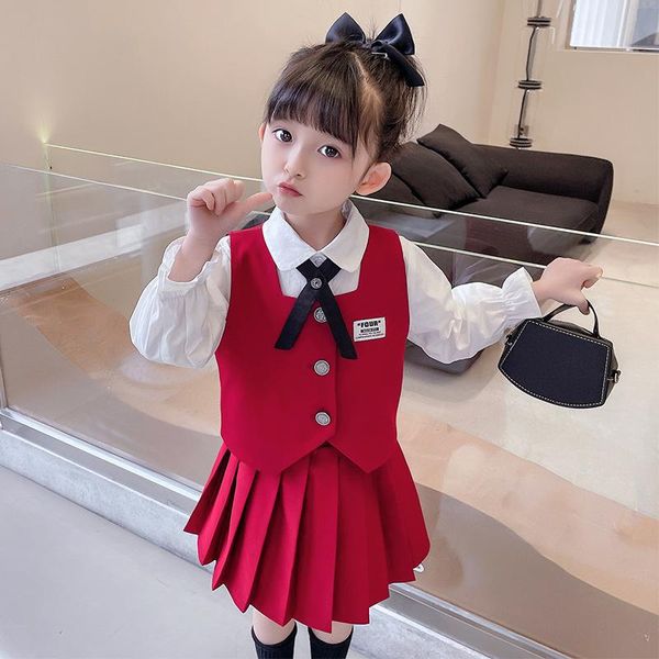 Sets de ropa Niños 2022 Spring Baby Baby Style Camisa Camisa VEST VEST SALA PLISADO Traje Fashion Girls manga de linterna Summerlothing