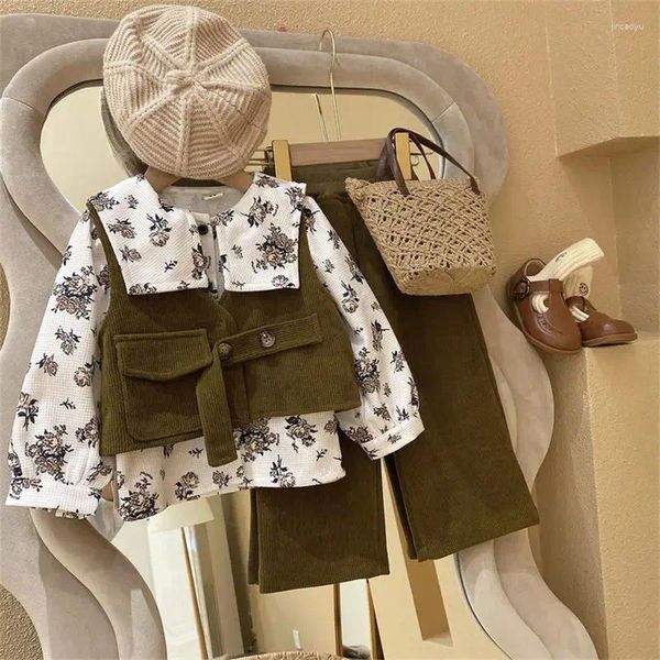 Ensembles de vêtements enfants 2023 printemps automne style coréen filles à la mode décontracté doux velours côtelé gilet chemise pantalon bébé trois pièces ensemble