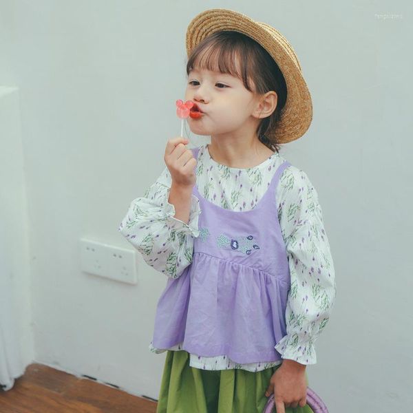 Ensembles de vêtements pour enfants 2023 printemps violet-vert chemise de poupée à petites fleurs brodé ensemble de deux pièces