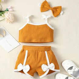 Conjuntos de ropa para niñas, camisetas de verano de Color sólido, pantalones cortos con lazo, trajes adecuados para su regalo de niña, ropa para bebé