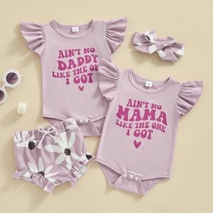 Ensembles de vêtements pour bébés filles, 2 pièces, ensemble de shorts d'été, barboteuse à manches, imprimé floral, bandeau, tenue à volants en coton pour tout-petits