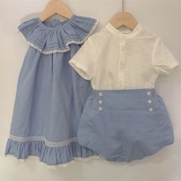 Ensembles de vêtements Enfants Boutique Espagnol Vêtements Été Garçons Filles Bleu À Manches Courtes Coton Lin Ensemble Soeur Frère Eid Vêtements Costume D'anniversaire 220916