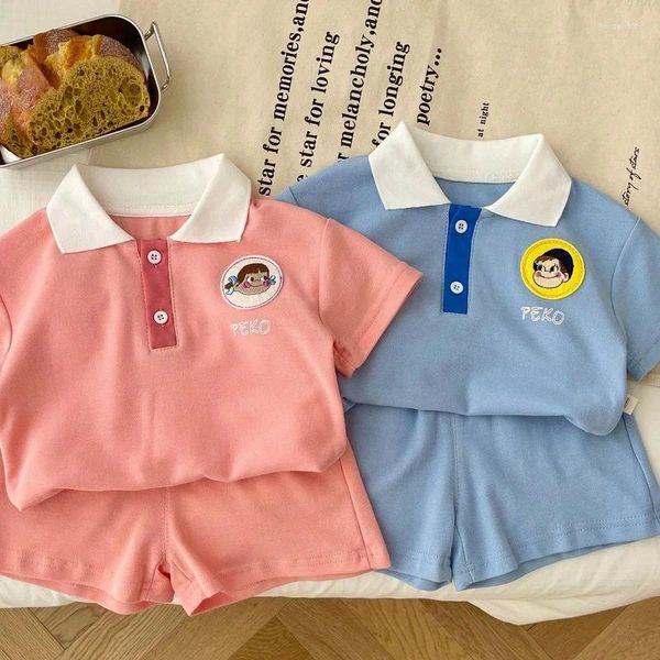 Conjuntos de ropa Niños Niño Niña Ropa de verano Conjunto de manga corta Cuello vuelto Camisa de dibujos animados Tops Sólido 2 piezas Hermano Hermana Partido Traje