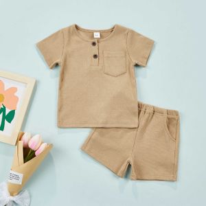 Ensembles de vêtements enfants garçons filles costumes décontractés vêtements d'été solide à manches courtes col rond hauts shorts élastiques tenues en coton pour bébés