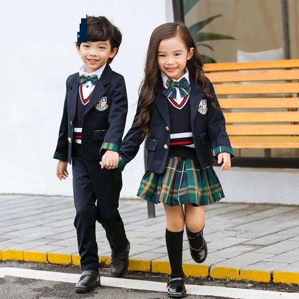 Ensembles de vêtements Enfants Uniforme Scolaire Britannique Filles Garçons Blazer Manteau Jupe À Carreaux Courte Maternelle École Universitaire Tenues Chorus Costumes 230612