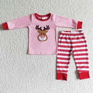Conjuntos de ropa Niños Bordado de Navidad Ropa de reno Pijamas de manga larga rosa Venta al por mayor Traje de niña Pantalones a rayas Conjunto de ciervos para niños