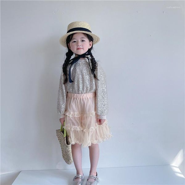 Conjuntos de roupas crianças roupas conjunto 2023 primavera outono estilo coreano menina temperamento lantejoulas topo casual simples saia bonito duas peças meninas