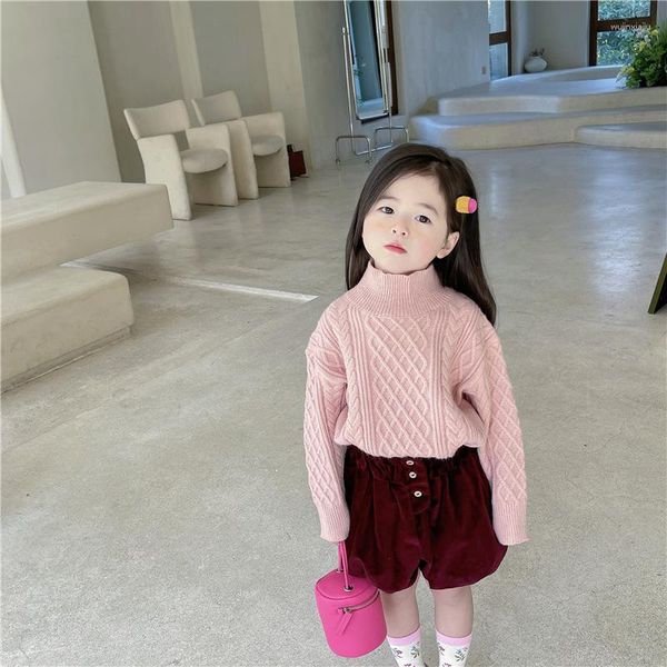 Conjuntos de ropa Conjunto de ropa para niños 2023 Primavera Otoño Estilo coreano Niñas Retro Color sólido Suéter Moda Pantalones cortos Casual Dos piezas