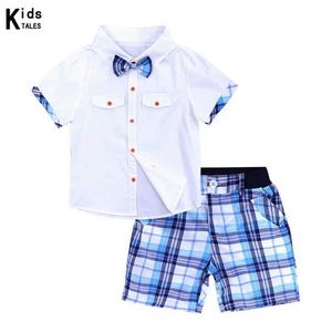 Kledingsets Kinderkleding jongens zomerkleding 2024 korte mouw stropdas shirt+geruite shorts pak kinderkleding set voor 2-6y baby's y240515
