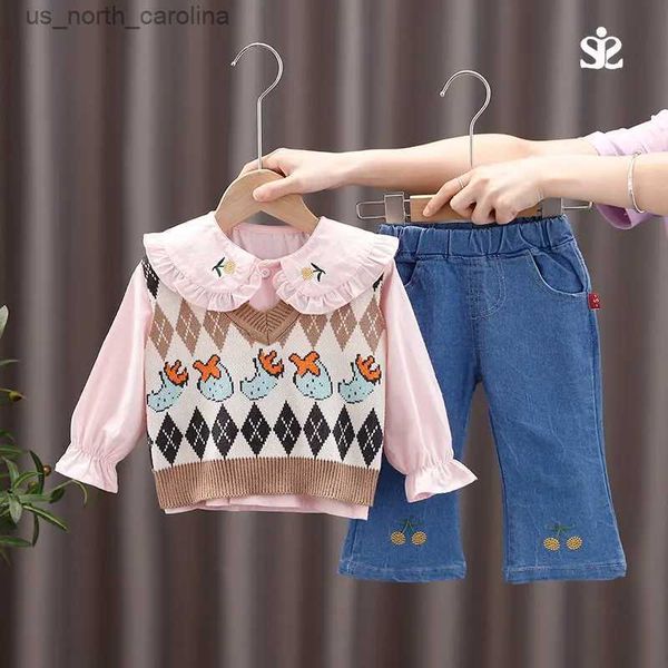 Conjuntos de ropa Moda para niños Baby Girl Causal Suéter Frutas Chaleco Camisa Pantalones Jeans Niños Infantil Princesa Ropa Niño Chándal R231106