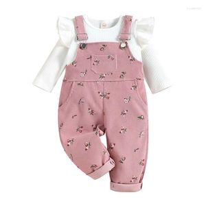 Ensembles de vêtements pour enfants filles, vêtements de mode d'automne, couleur unie, hauts à manches longues, imprimé Floral, pantalons à bretelles, tenue pour enfants