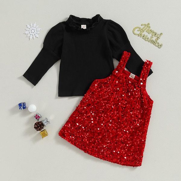 Ensembles de vêtements Enfants Fille Tenue de Noël Côtelée Hauts à manches longues et robe à bretelles à paillettes pour enfant en bas âge Automne 2 pièces Vêtements