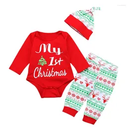 Kledingsets Kinderkleding 1e Kerstmis Bodysuit Pant Hat 3pcs Set Herfst Lange Mouw Baby Jumpsuit Playsuit Red Party Romper A654