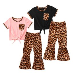 Ensembles de vêtements enfants fille vêtements costume poche rose à manches courtes haut mode imprimé léopard évasé pantalon à jambes larges 2pcssets bébé fille vêtements W230210