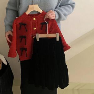 Ensemble de vêtements pour enfants filles, automne hiver, deux pièces, manteau, pull, jupe à nœud en tricot, ample, doux, plein air, joli tout-assorti