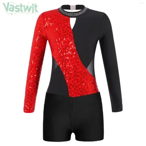 Kledingsets kinderen meisjes kunstschaatsenkostuum ballet dance gymnastiek acrobatics turnard lange mouw pailletten mesh bodysuit met shorts