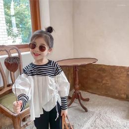 Kledingsets Kinderen Girls Koreaans gestreepte stikselcontrast Bell Bottoms Casual Girl Tweed-Piece Suit Top en Flaard Pants