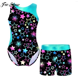 Kledingsets Kinderen Girls Mouwloze Print Dance Dans Tuchard met shorts Ballet Gymnastic Bodysuit Dancwwear Yoga Fitness Sportswear