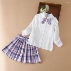 Ensembles de vêtements pour enfants filles, 2 pièces, uniforme scolaire à manches longues, chemise blanche, jupes à carreaux, vêtements pour enfants, printemps-automne