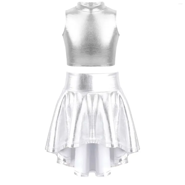 Conjuntos de ropa Niños Niños Niñas Ballet Ropa de baile Brillante Metálico Jazz Dane Traje Trajes de rendimiento Sin mangas Crop Top con falda Conjunto