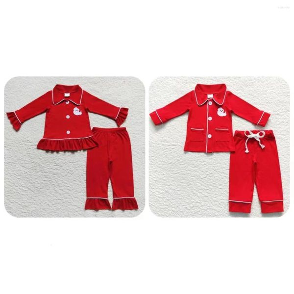 Ensembles de vêtements enfants manches longues bouton vers le bas ensemble bébé garçon fille broderie noël père noël vêtements de nuit pantalon rouge enfants tenue pyjama pour bébé