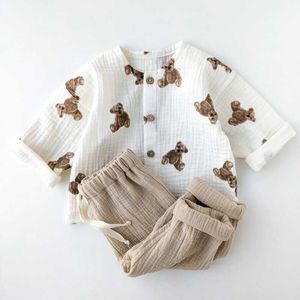 Kledingsets kinderen biologische katoenen kleding set herfst baby meisje jongen neutrale broek schattige peuter kinderen beren print tops jas outfits y23