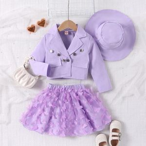 Ensembles de vêtements enfants tenues avec chapeau enfant en bas âge filles à manches longues manteau papillon Tulle jupe trois pièces ensemble pour enfants vêtements 4-7Y