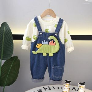 Kledingsets Kinder 2024 Spring babykleding voor babymeisjes en jongens cartoon o-neck lange mouw t-shirts denim overalls kinderen pakken