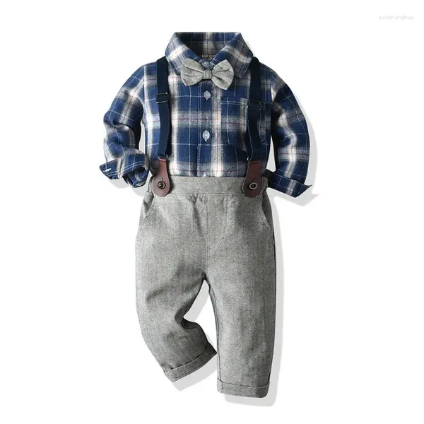 Conjuntos de ropa Modelos de otoño para niños Llegada Manga larga Camisa a cuadros azul Pajarita Pantalones con tirantes Traje OEM personalizado