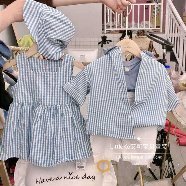 Ensembles de vêtements frère soeur pour enfants porter une chemise et un pantalon à rayures pour bébés deux pièces fille poupée robe chapeau costume