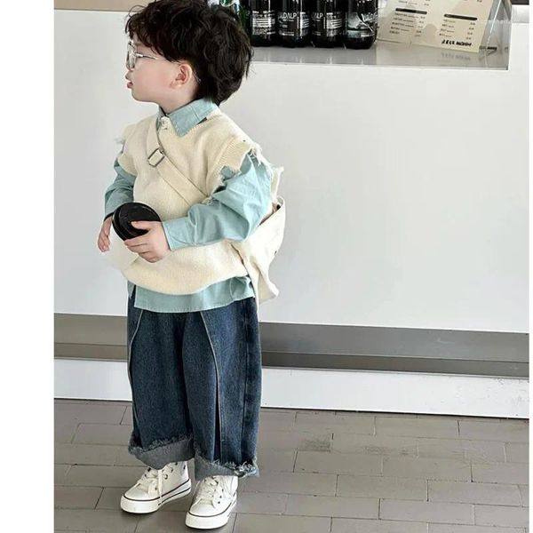 Conjuntos de ropa ropa para niños Camisa de chaleco para niños Pantalones de 3 piezas Corea Corea Casual Street Sweater Ragged Jeans Suits