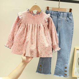 Kledingsets Kinderkleding Lente Herfst Nieuwe Bloemen Schattig Babyshirt + Denim Bell Bottom Jeans Broek Casual Zoete Meisjeskleding Pak