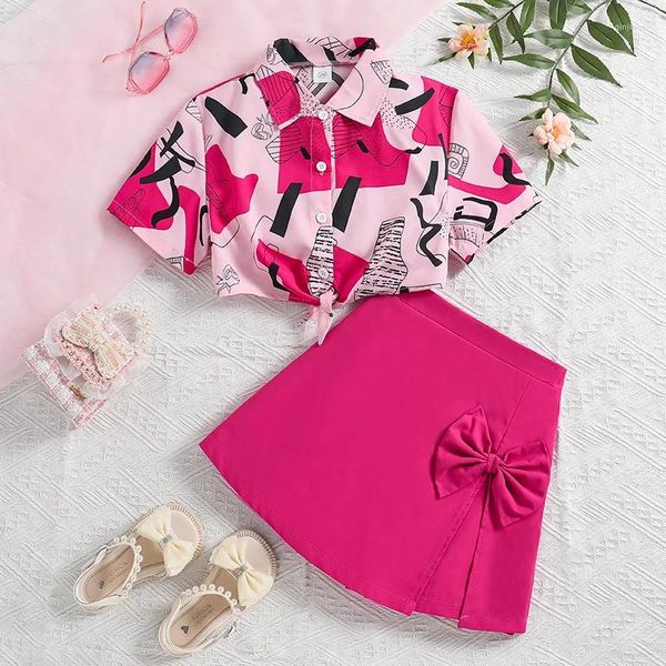Vêtements Définit la mode pour enfants 2pcs de graffiti rose rose rose elasctique wsiat short de haute qualité coréen pour les filles 8 à 12 ans décontractées