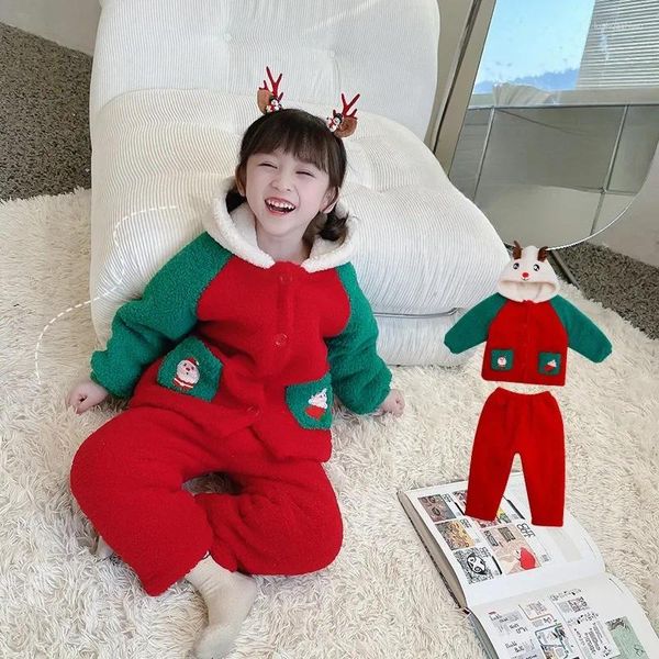 Conjuntos de ropa Pijamas para niños Invierno Coral Terciopelo Niños y niñas Dibujos animados Lindo Elk de Navidad Conjunto de ropa para el hogar engrosada de tres capas