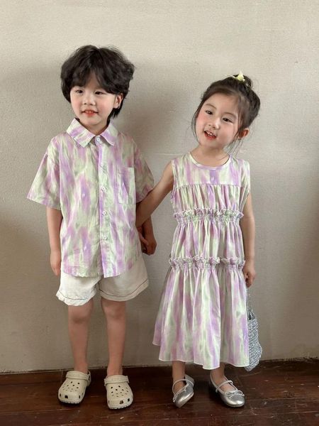 Vêtements Ensemble pour enfants 2024 Summer Fashion Tie-Dye Shirts Shorts Toddler Boys Holiday Optifits Girls Dress Brother Sister Clothes