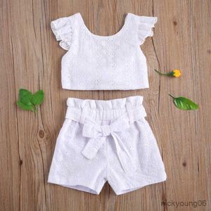 Conjuntos de ropa Conjunto infantil Jacquard Flying Sleeve Backless T-shirt and Shorts Traje de dos piezas para fiesta de cumpleaños Verano