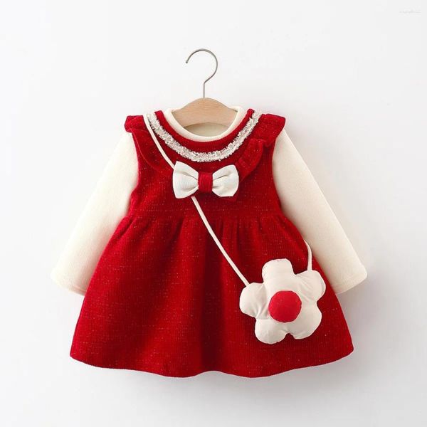 Conjuntos de ropa Conjunto para niños Venta al por mayor Girls Bow Flower Colgante Chaleco Vestido y camiseta de dos piezas Otoño Invierno Ropa de felpa