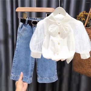 Kledingsets Kindershirt 2023 Lente Meisje Baby Schattig Pofmouwen Strik Lange Jeans